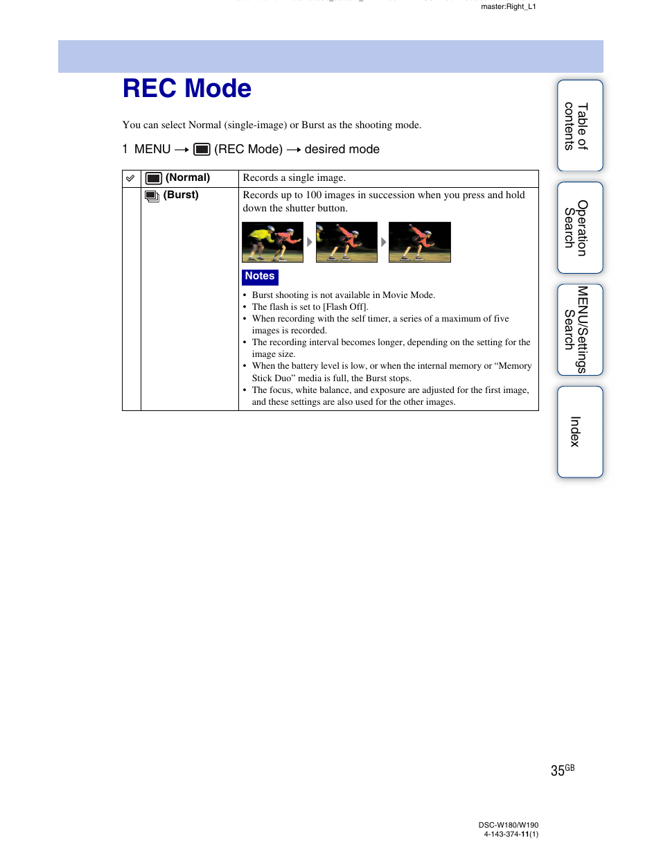 Rec mode | Sony Cyber-shot 4-143-374-11(1) User Manual | Page 35 / 104