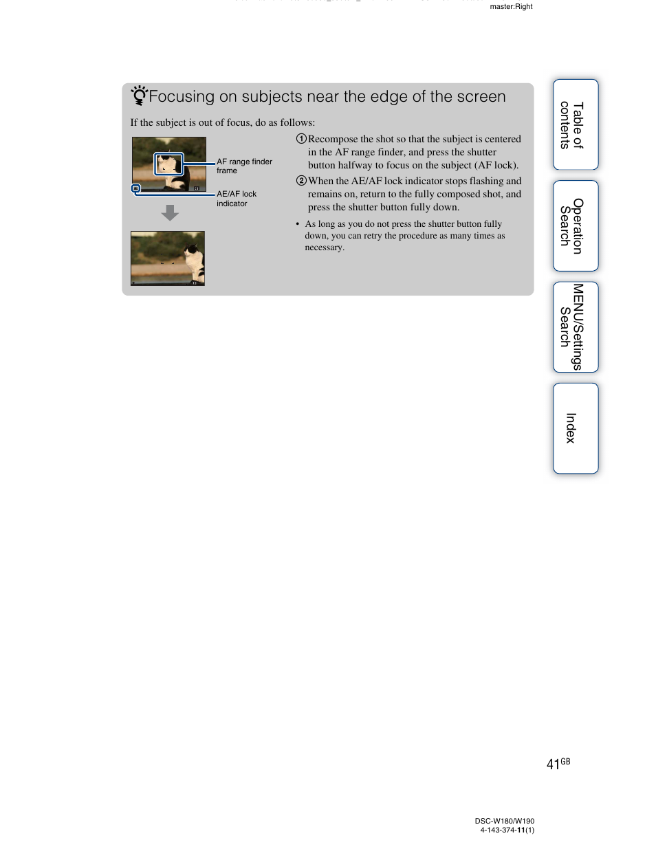 Focusing on subjects near the edge of the screen | Sony Cyber-shot 4-143-374-11(1) User Manual | Page 41 / 104