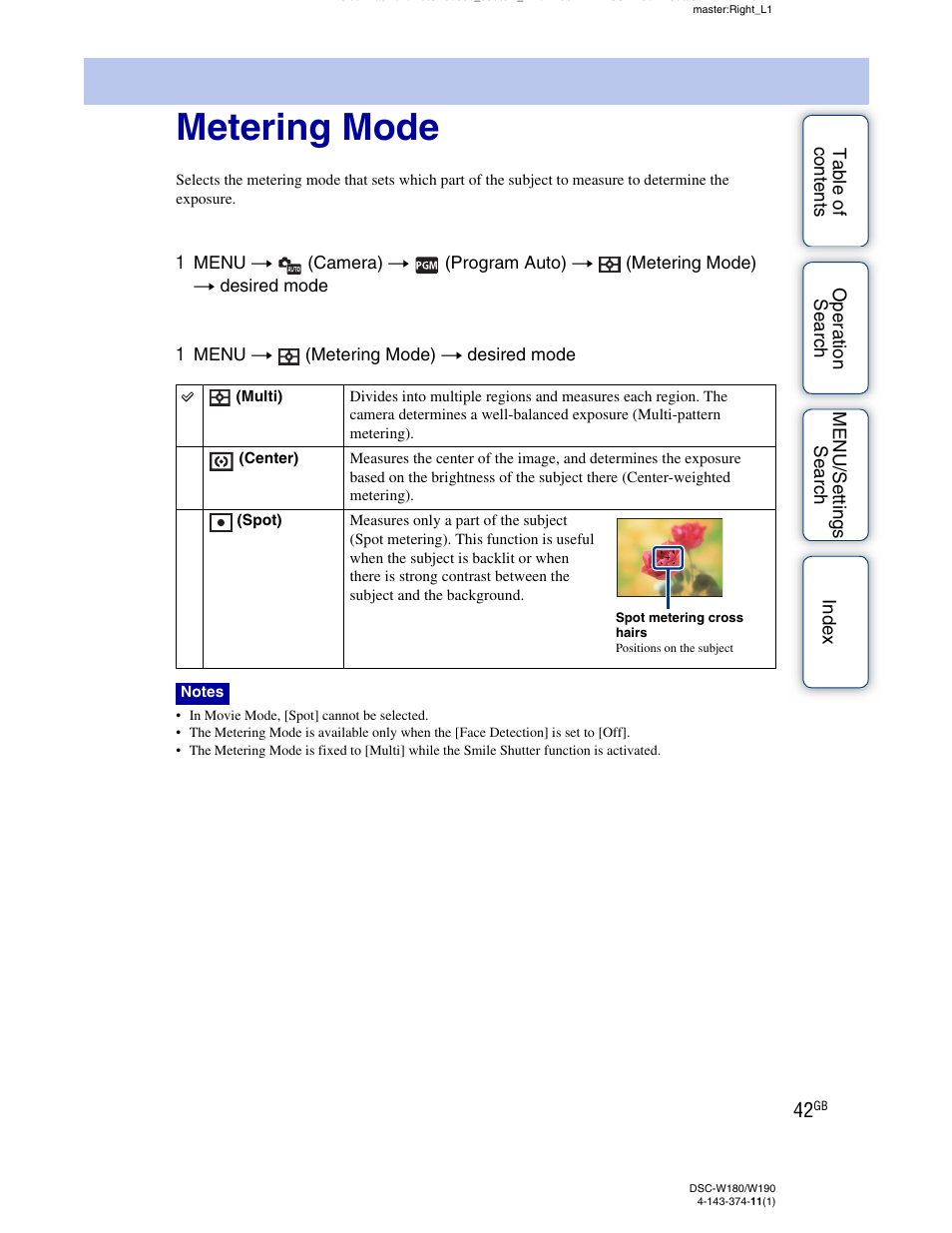 Metering mode | Sony Cyber-shot 4-143-374-11(1) User Manual | Page 42 / 104