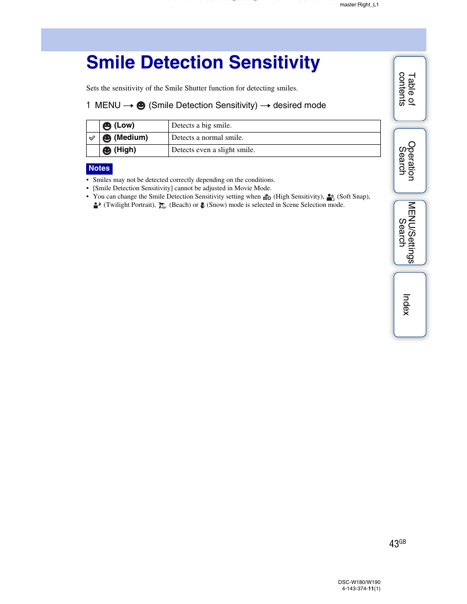 Smile detection sensitivity | Sony Cyber-shot 4-143-374-11(1) User Manual | Page 43 / 104