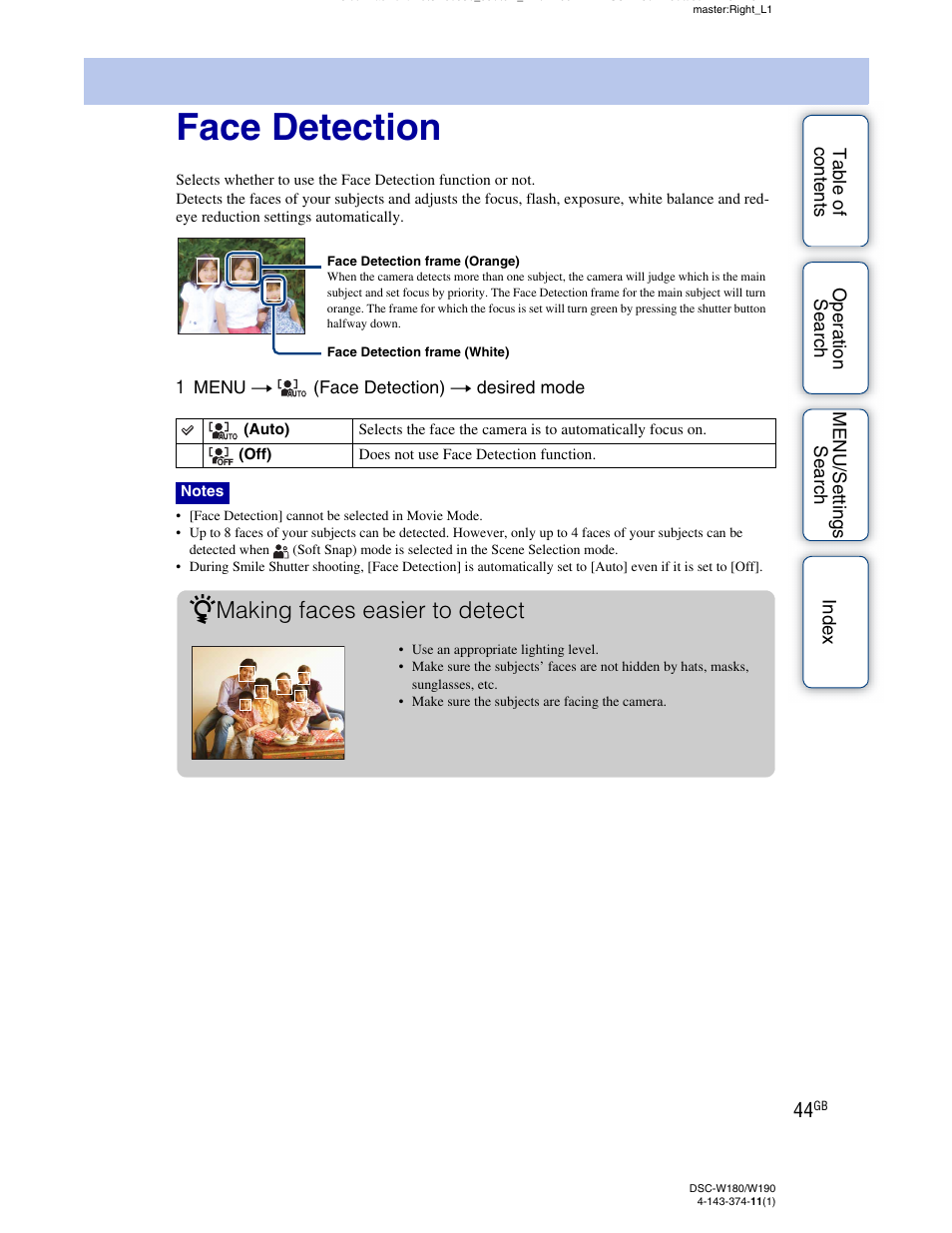 Face detection, Making faces easier to detect | Sony Cyber-shot 4-143-374-11(1) User Manual | Page 44 / 104