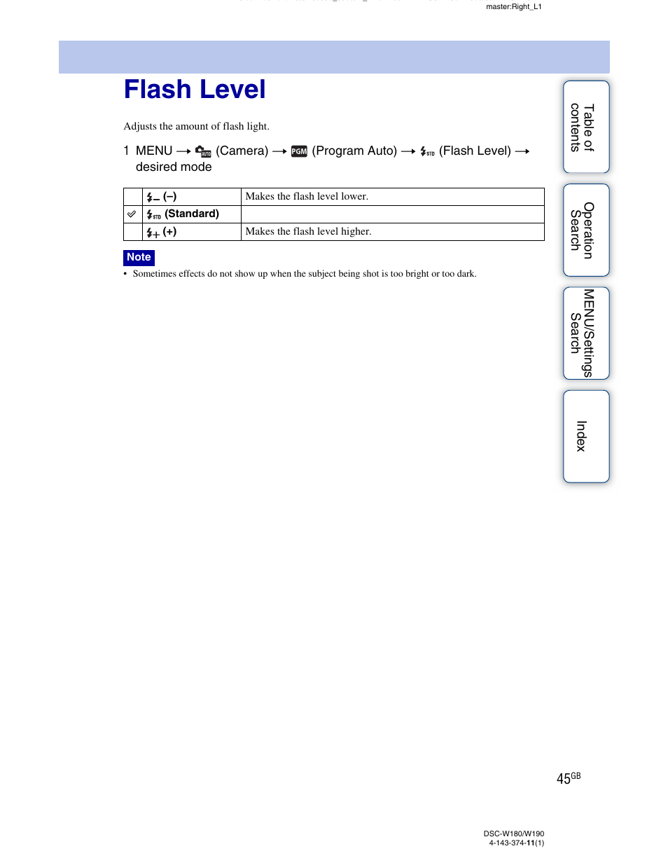 Flash level | Sony Cyber-shot 4-143-374-11(1) User Manual | Page 45 / 104