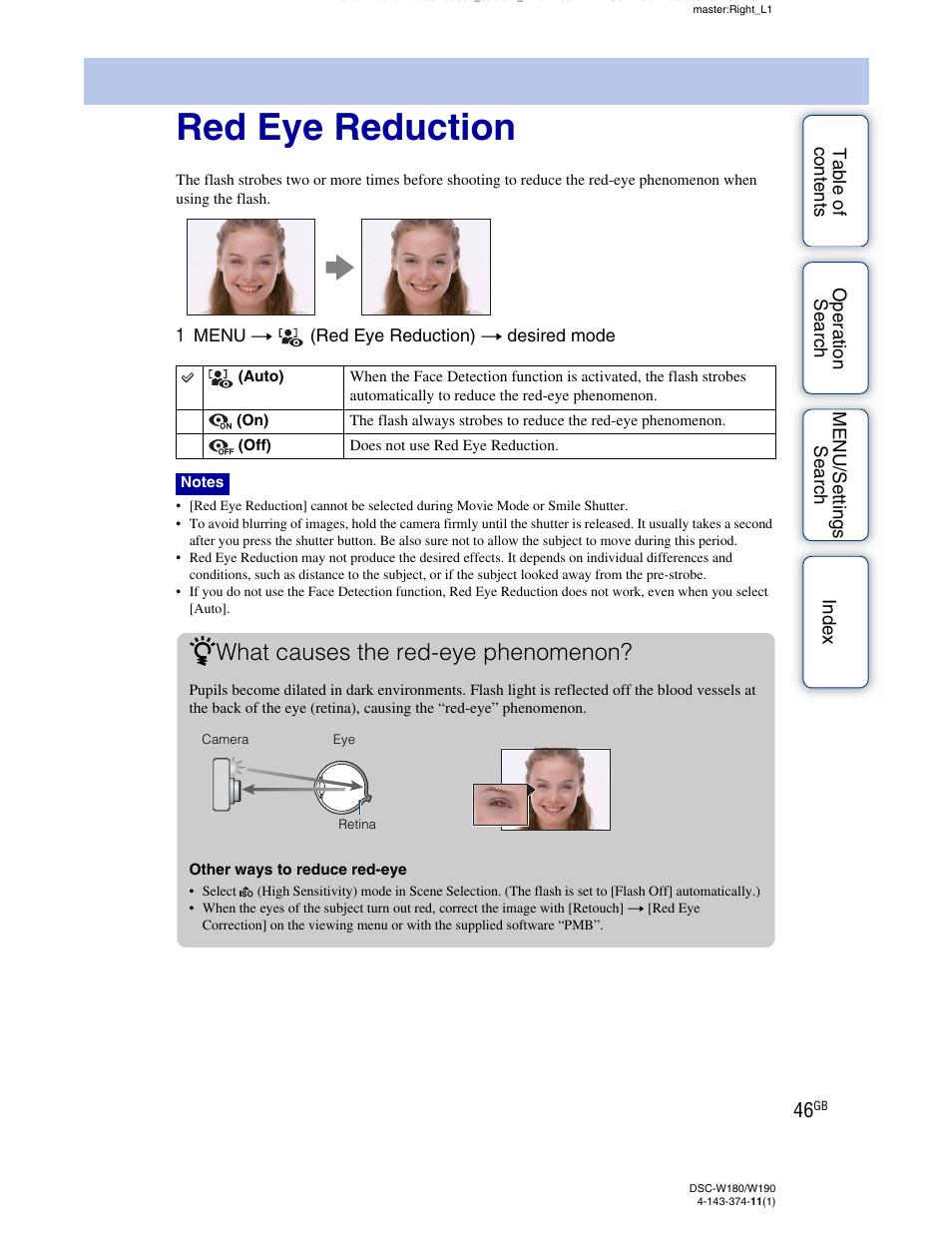 Red eye reduction, What causes the red-eye phenomenon | Sony Cyber-shot 4-143-374-11(1) User Manual | Page 46 / 104