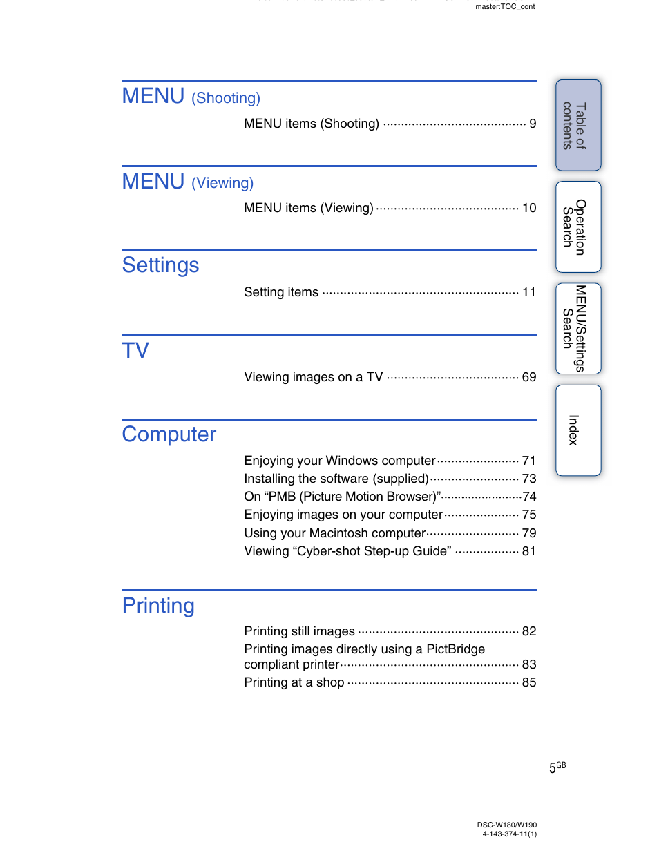 Menu, Settings, Computer | Printing | Sony Cyber-shot 4-143-374-11(1) User Manual | Page 5 / 104