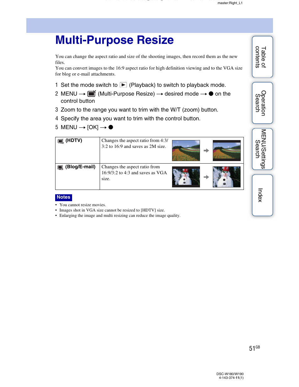 Multi-purpose resize, Multi-purpose resize) | Sony Cyber-shot 4-143-374-11(1) User Manual | Page 51 / 104