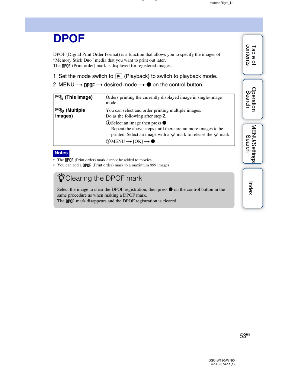 Dpof, Clearing the dpof mark | Sony Cyber-shot 4-143-374-11(1) User Manual | Page 53 / 104