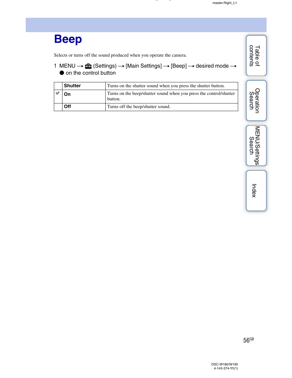 Beep | Sony Cyber-shot 4-143-374-11(1) User Manual | Page 56 / 104
