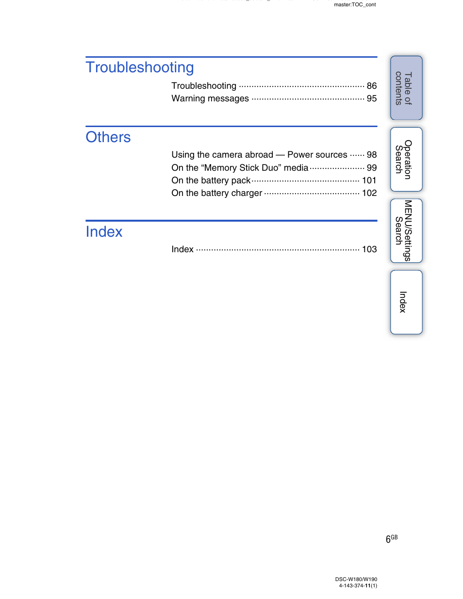 Troubleshooting, Others, Index | Sony Cyber-shot 4-143-374-11(1) User Manual | Page 6 / 104