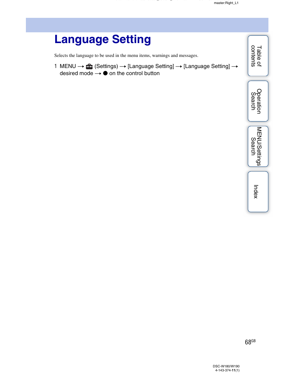 Language setting | Sony Cyber-shot 4-143-374-11(1) User Manual | Page 68 / 104