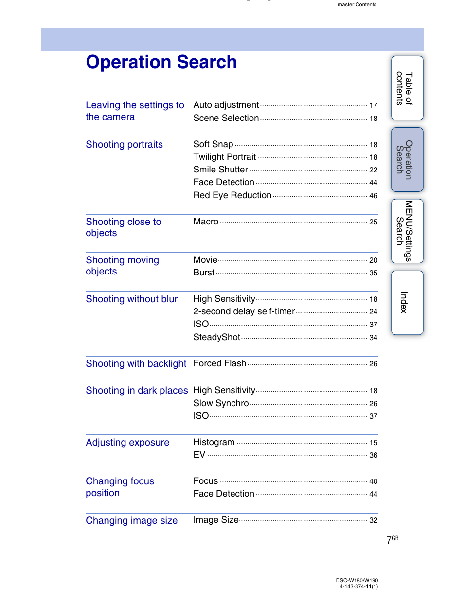 Operation search, Search, Atio | Sony Cyber-shot 4-143-374-11(1) User Manual | Page 7 / 104