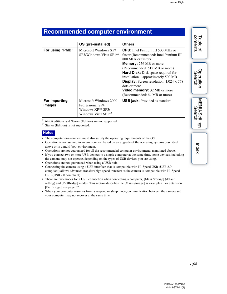Recommended computer environment | Sony Cyber-shot 4-143-374-11(1) User Manual | Page 72 / 104