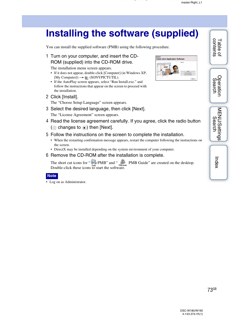Installing the software (supplied) | Sony Cyber-shot 4-143-374-11(1) User Manual | Page 73 / 104