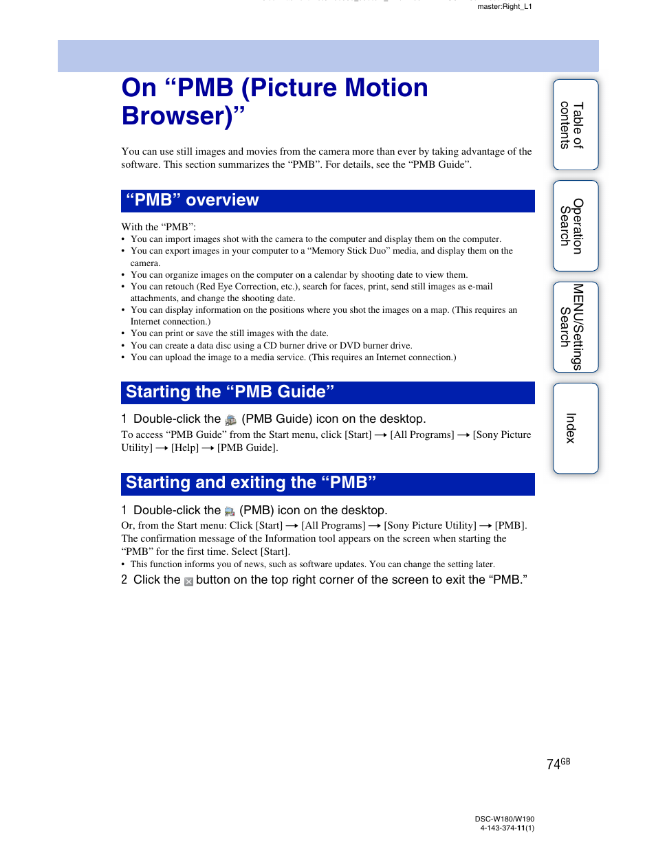 On “pmb (picture motion browser) | Sony Cyber-shot 4-143-374-11(1) User Manual | Page 74 / 104