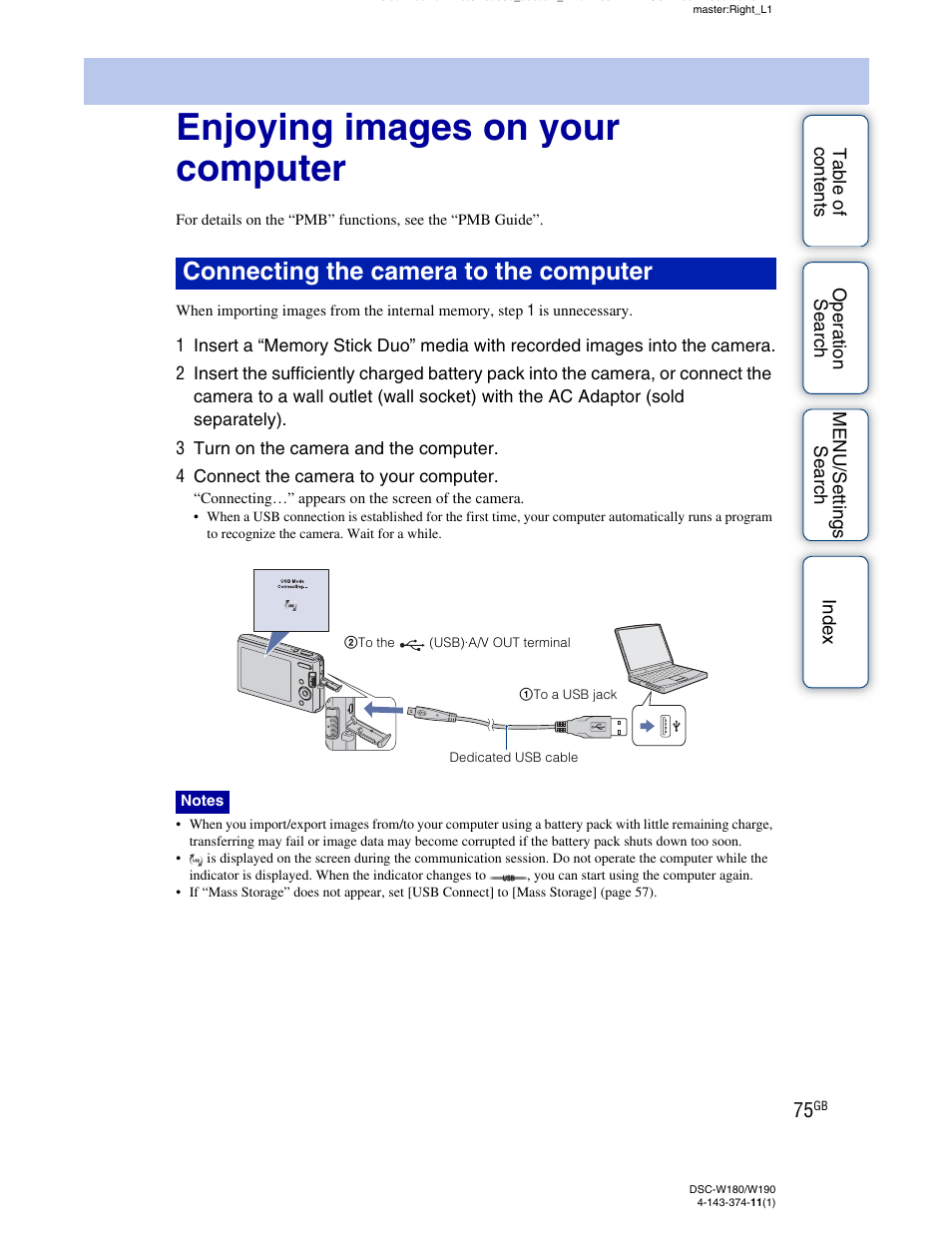 Enjoying images on your computer, 75 to, Connecting the camera to the computer | Sony Cyber-shot 4-143-374-11(1) User Manual | Page 75 / 104