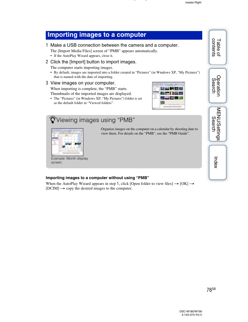 Importing images to a computer z, Viewing images using “pmb | Sony Cyber-shot 4-143-374-11(1) User Manual | Page 76 / 104