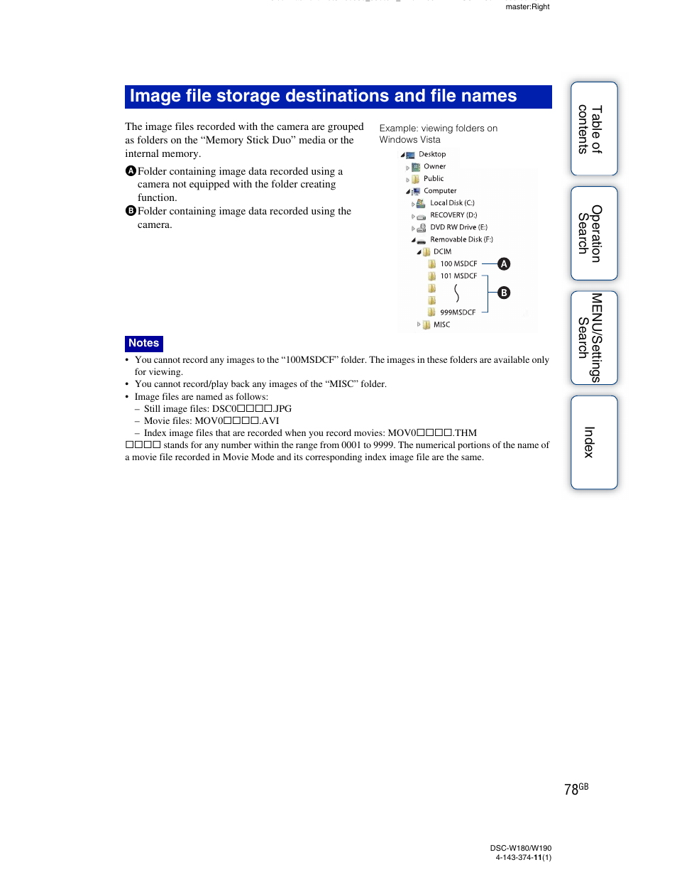 Image file storage destinations and file names | Sony Cyber-shot 4-143-374-11(1) User Manual | Page 78 / 104