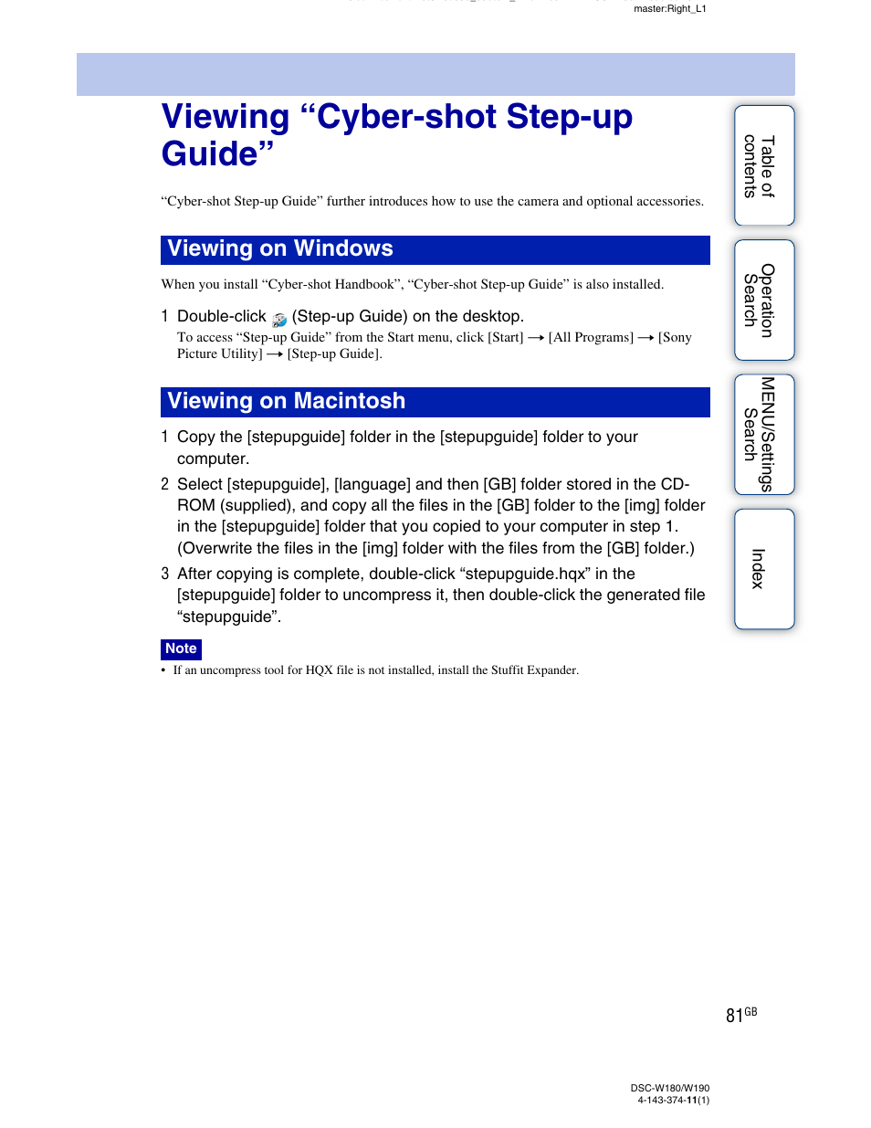 Viewing “cyber-shot step-up guide, Viewing on windows viewing on macintosh | Sony Cyber-shot 4-143-374-11(1) User Manual | Page 81 / 104