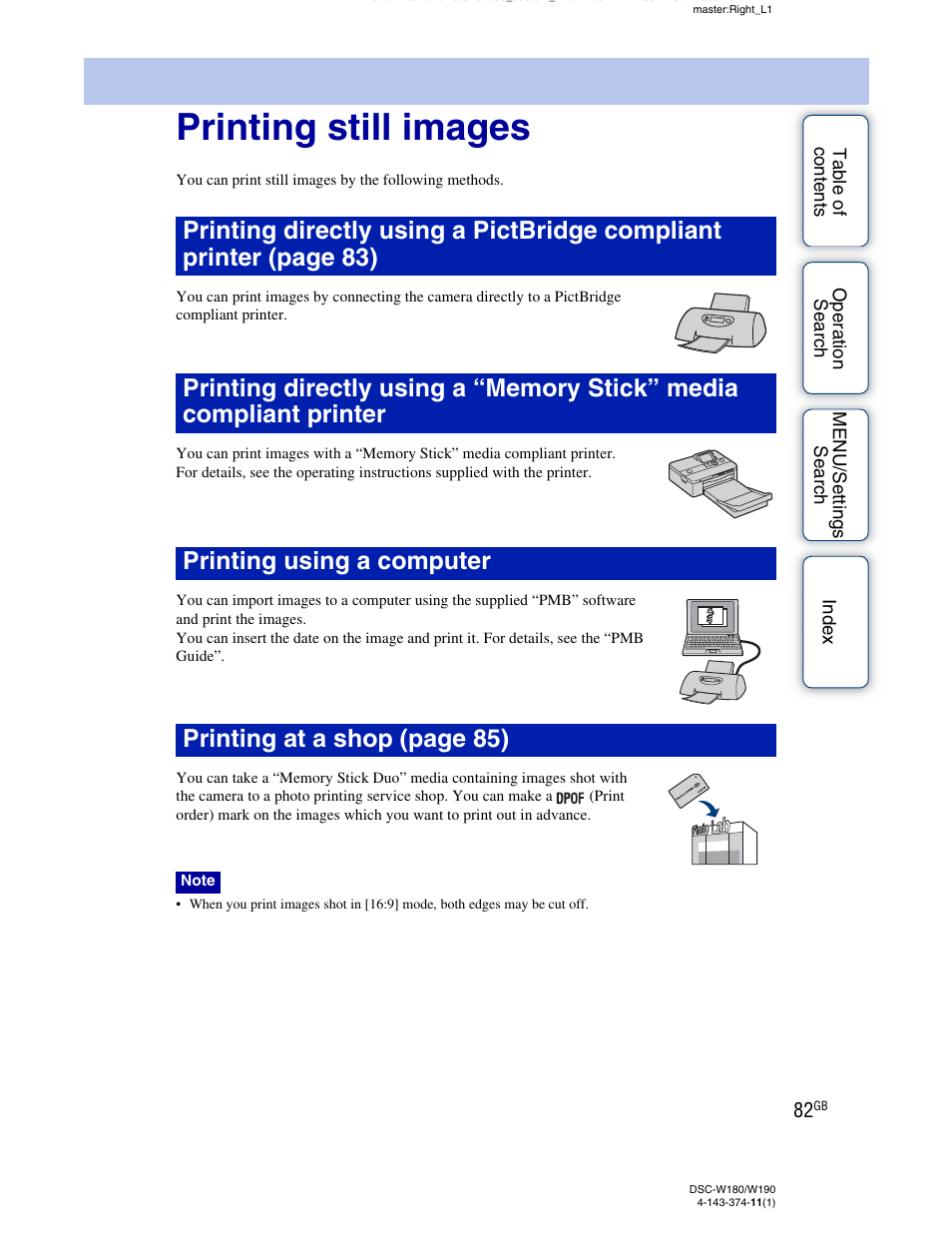 Printing still images | Sony Cyber-shot 4-143-374-11(1) User Manual | Page 82 / 104