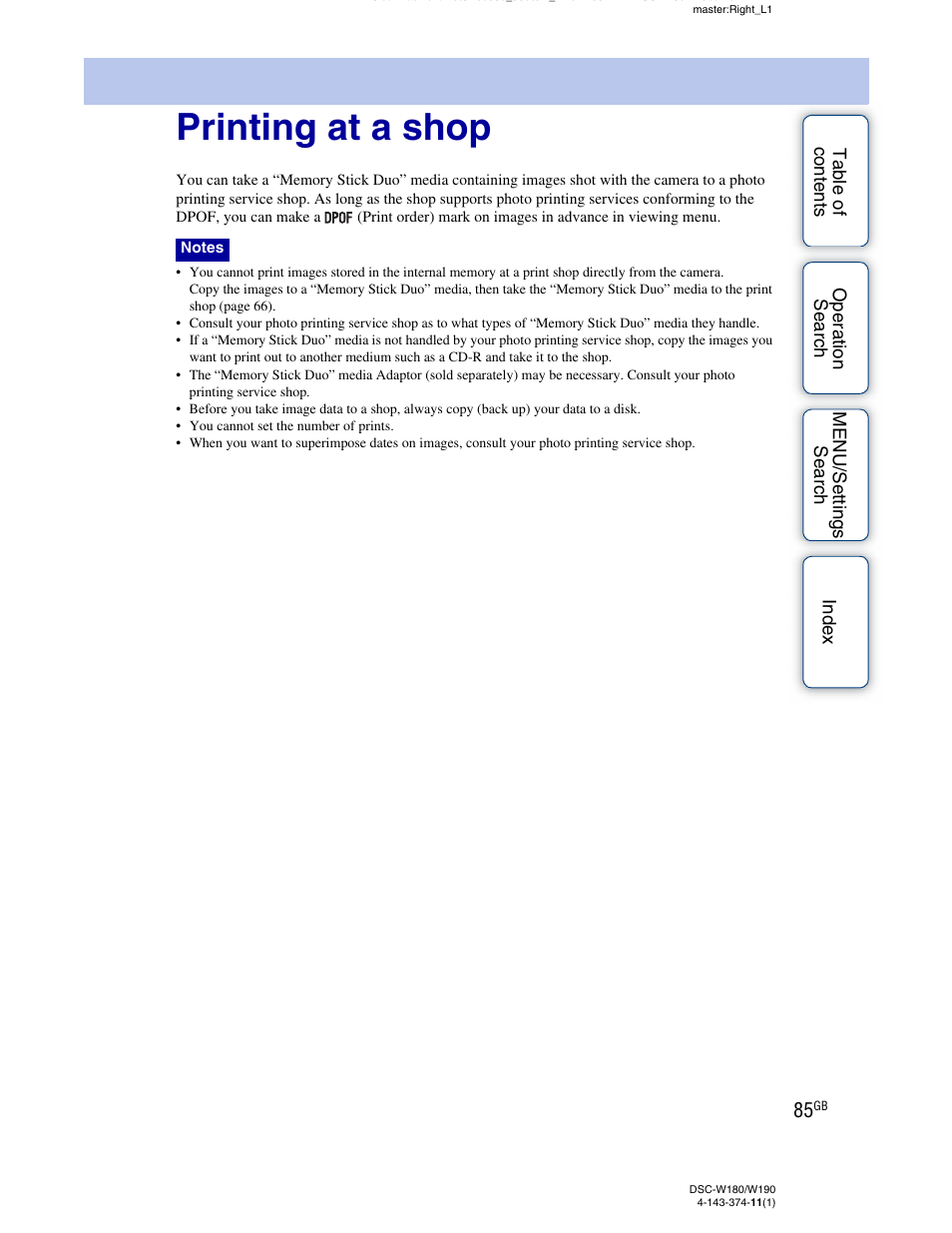 Printing at a shop | Sony Cyber-shot 4-143-374-11(1) User Manual | Page 85 / 104