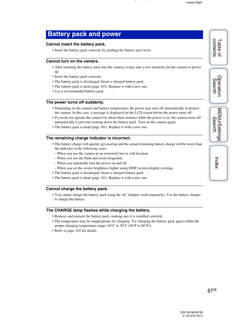 87 to 94, Battery pack and power | Sony Cyber-shot 4-143-374-11(1) User Manual | Page 87 / 104
