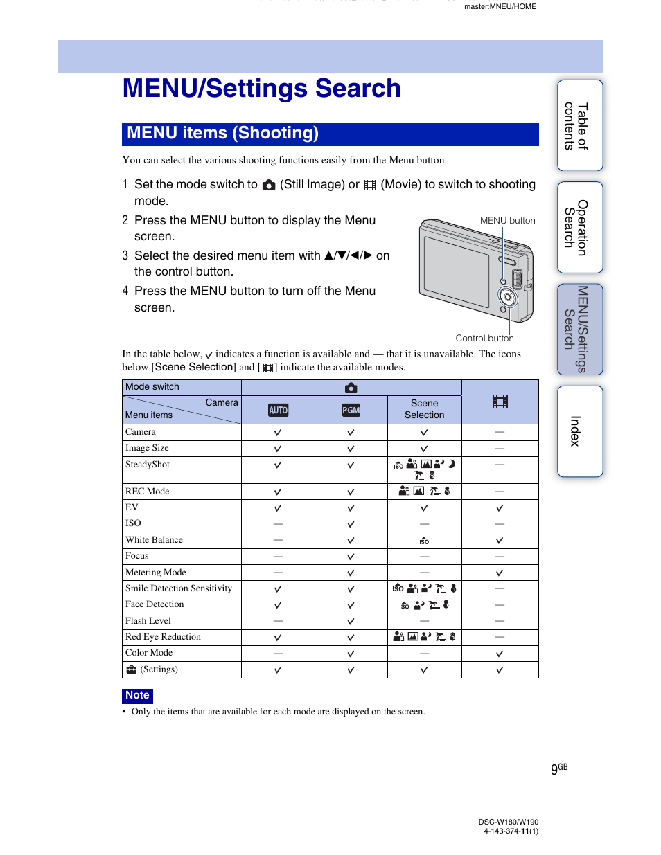 Menu/settings search, Search, Ttin | Menu items (shooting) | Sony Cyber-shot 4-143-374-11(1) User Manual | Page 9 / 104