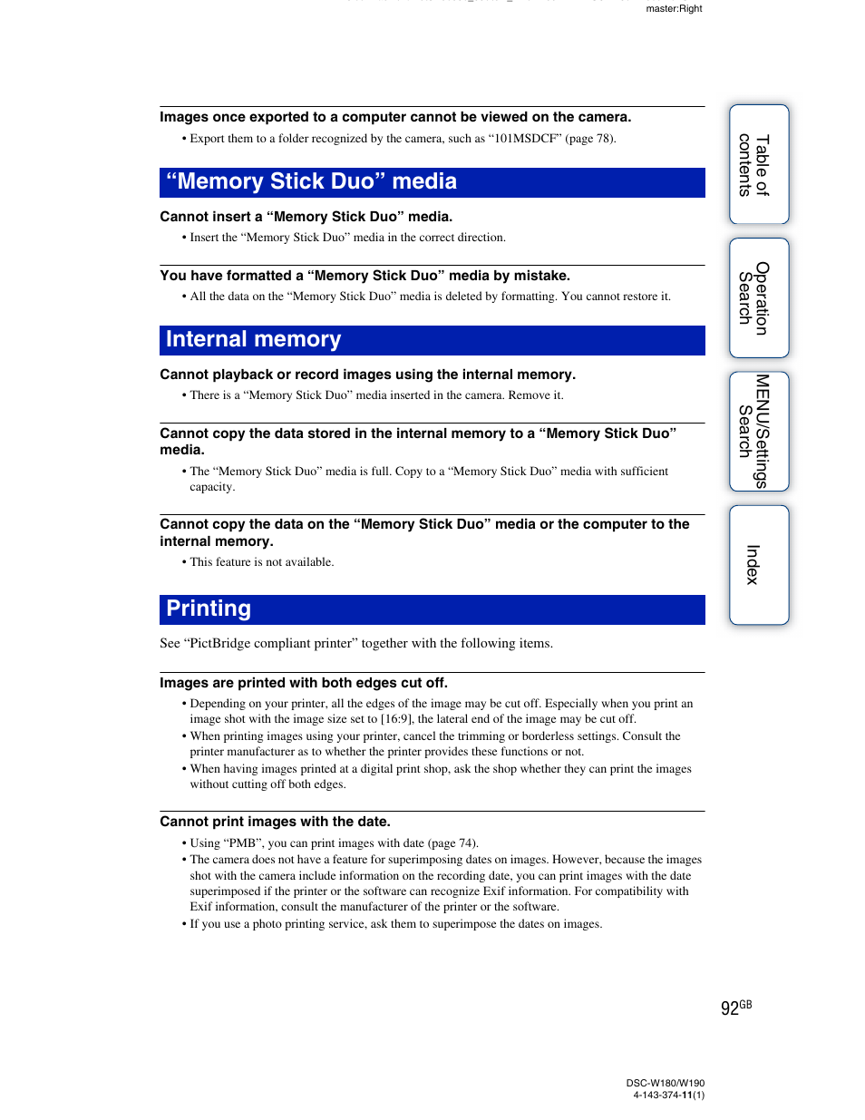 Memory stick duo” media, Internal memory, Printing | Sony Cyber-shot 4-143-374-11(1) User Manual | Page 92 / 104