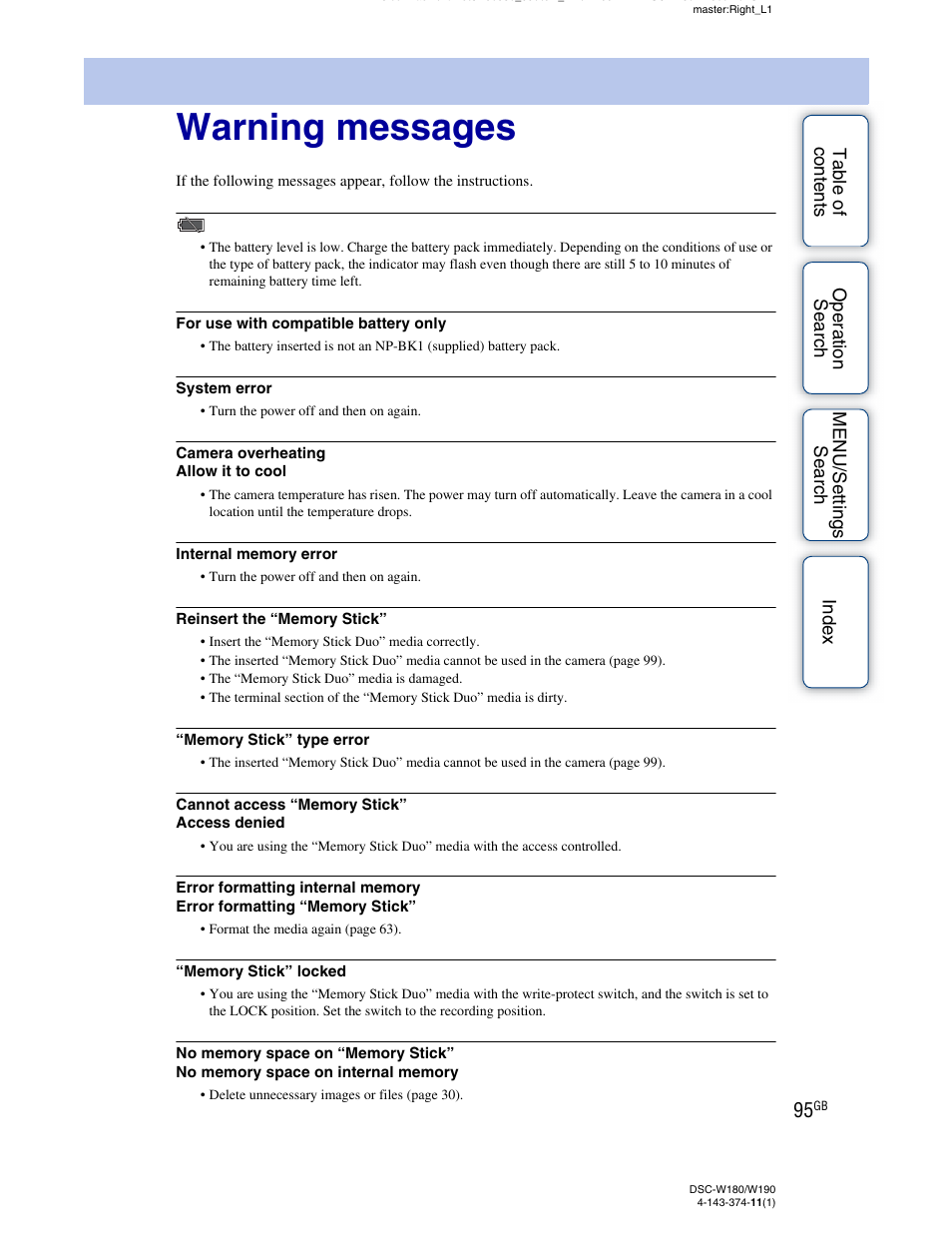 Warning messages | Sony Cyber-shot 4-143-374-11(1) User Manual | Page 95 / 104