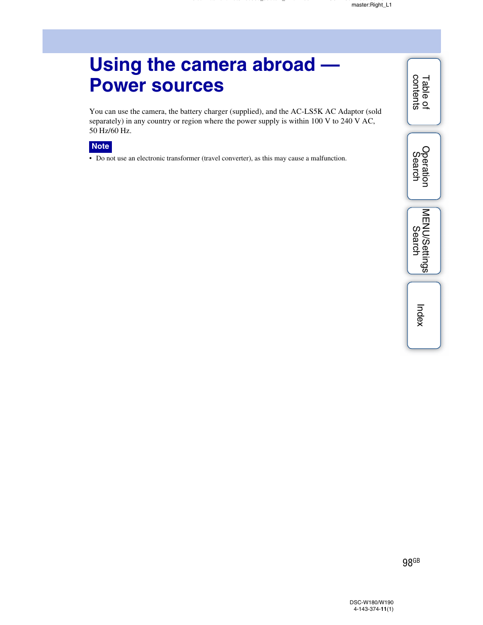 Using the camera abroad - power sources, Using the camera abroad — power sources ······ 98, Using the camera abroad — power sources | Sony Cyber-shot 4-143-374-11(1) User Manual | Page 98 / 104