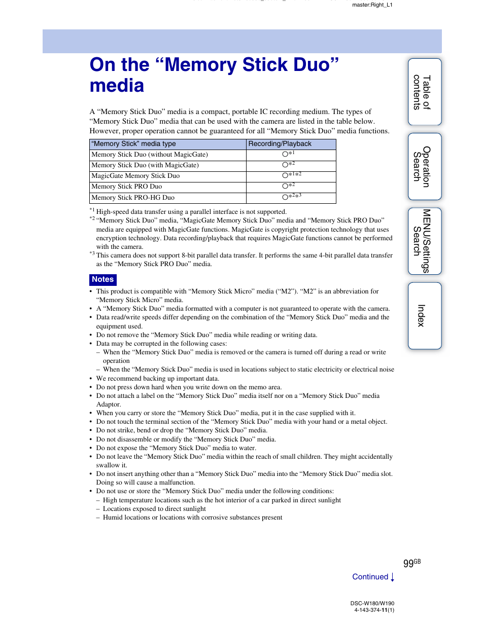 On the “memory stick duo” media | Sony Cyber-shot 4-143-374-11(1) User Manual | Page 99 / 104