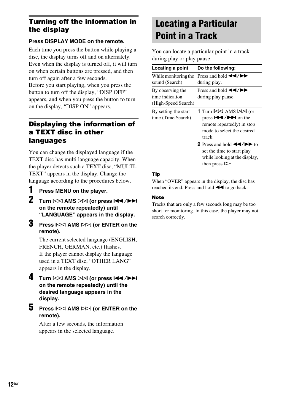 Locating a particular point in a track | Sony SCD-XE597 User Manual | Page 12 / 96
