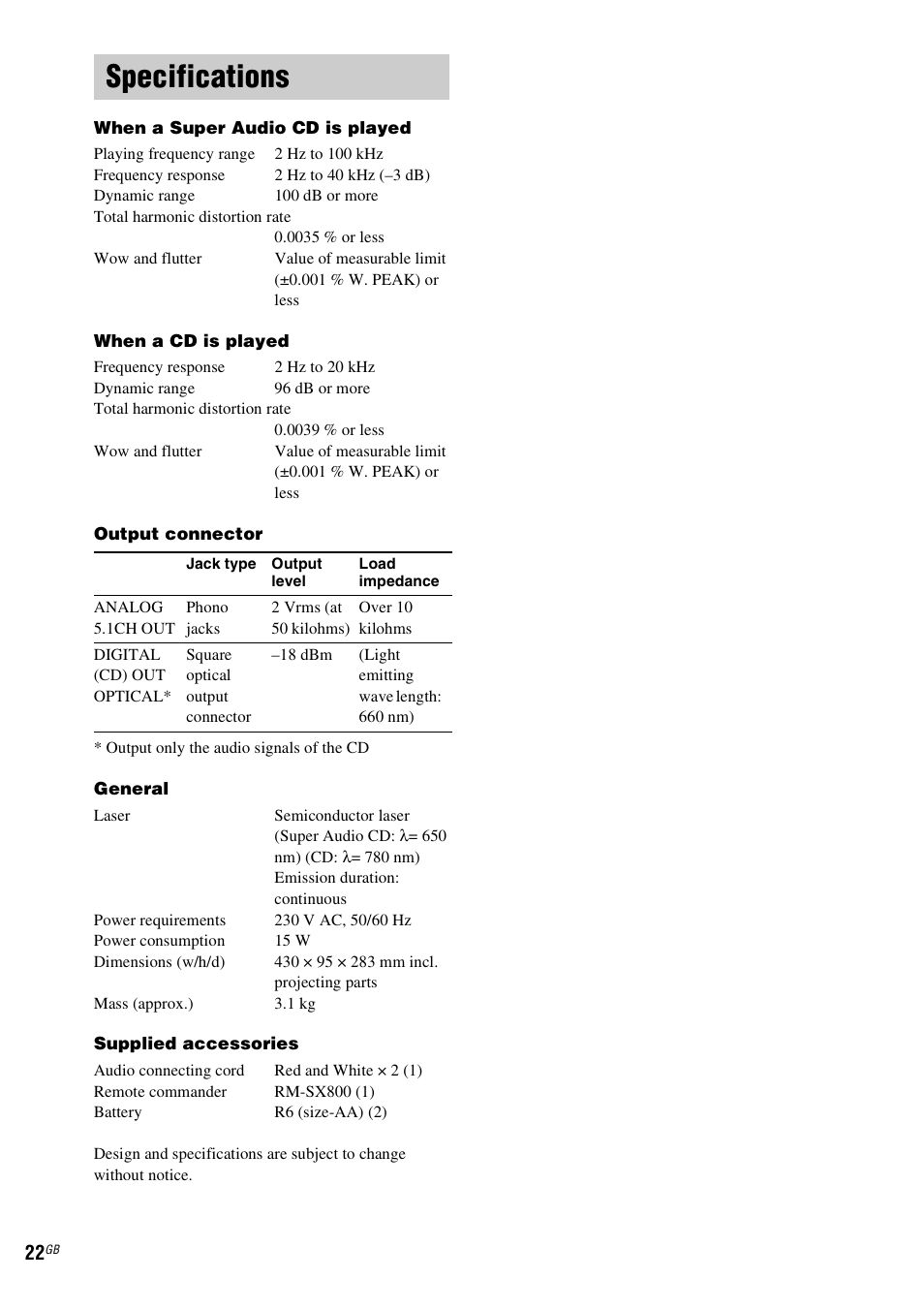 Specifications | Sony SCD-XE597 User Manual | Page 22 / 96