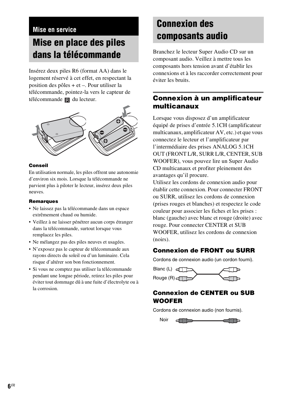 Mise en service, Mise en place des piles dans la télécommande, Connexion des composants audio | Connexion à un amplificateur multicanaux | Sony SCD-XE597 User Manual | Page 30 / 96