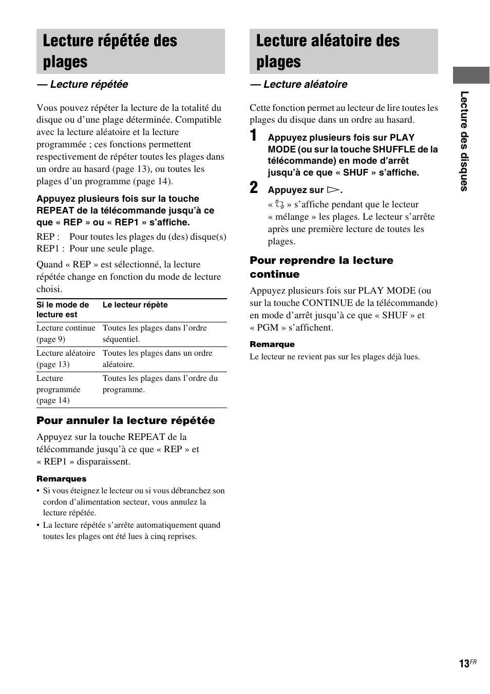 Lecture répétée des plages, Lecture répétée, Lecture aléatoire des plages | Lecture aléatoire | Sony SCD-XE597 User Manual | Page 37 / 96