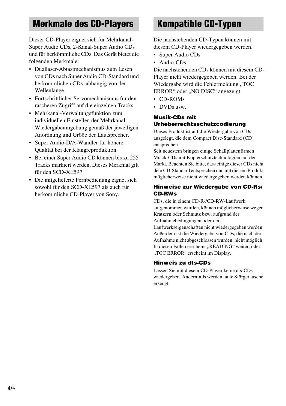 Merkmale des cd-players, Kompatible cd-typen, Merkmale des cd-players kompatible cd-typen | Sony SCD-XE597 User Manual | Page 52 / 96