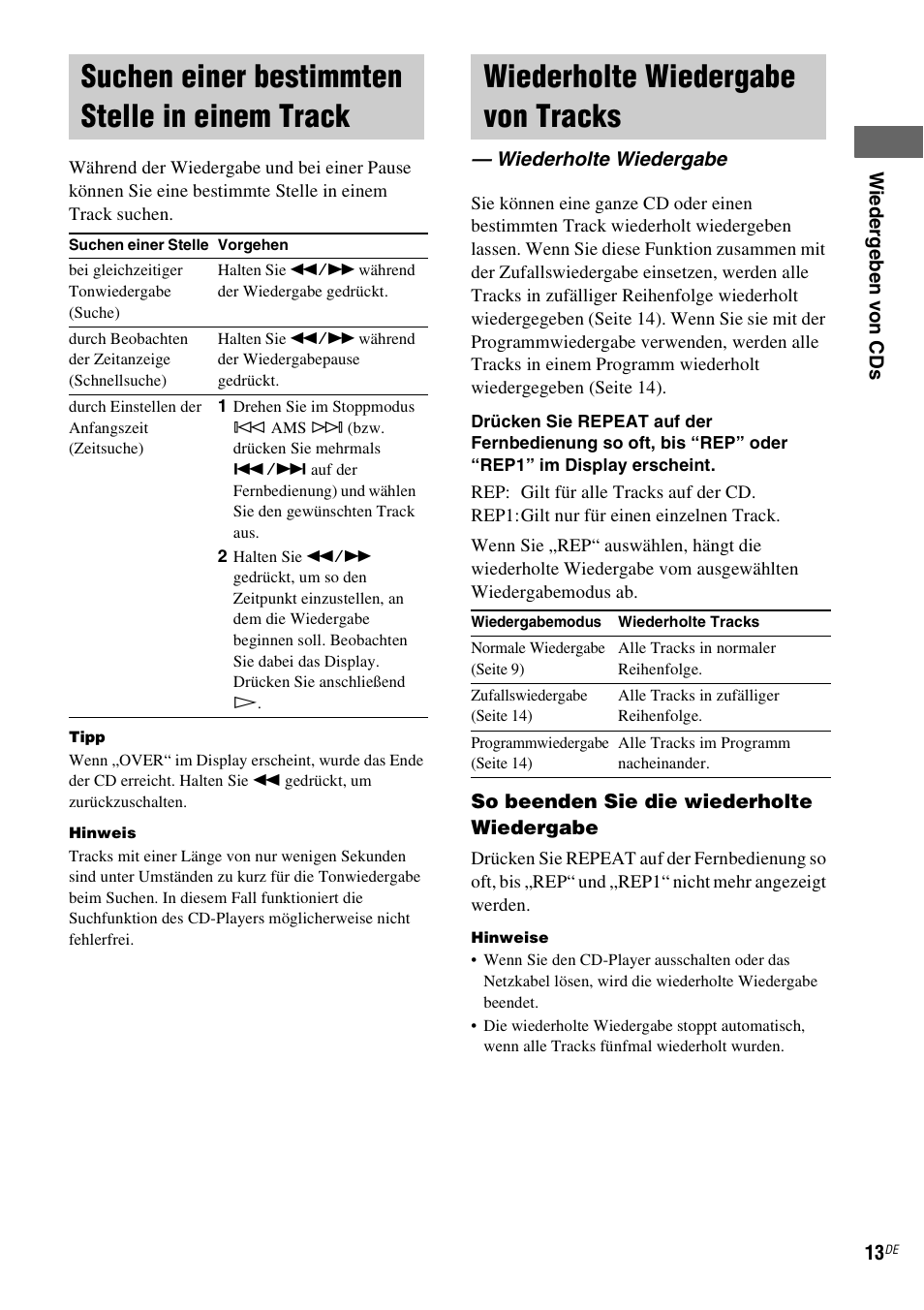 Suchen einer bestimmten stelle in einem track, Wiederholte wiedergabe von tracks, Wiederholte wiedergabe | Sony SCD-XE597 User Manual | Page 61 / 96