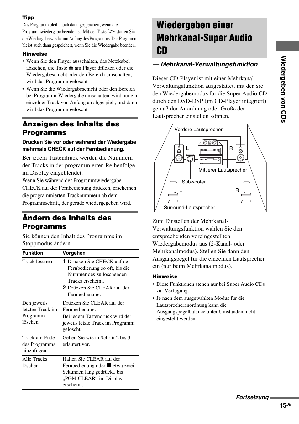 Wiedergeben einer mehrkanal-super audio cd, Mehrkanal-verwaltungsfunktion, Anzeigen des inhalts des programms | Ändern des inhalts des programms | Sony SCD-XE597 User Manual | Page 63 / 96