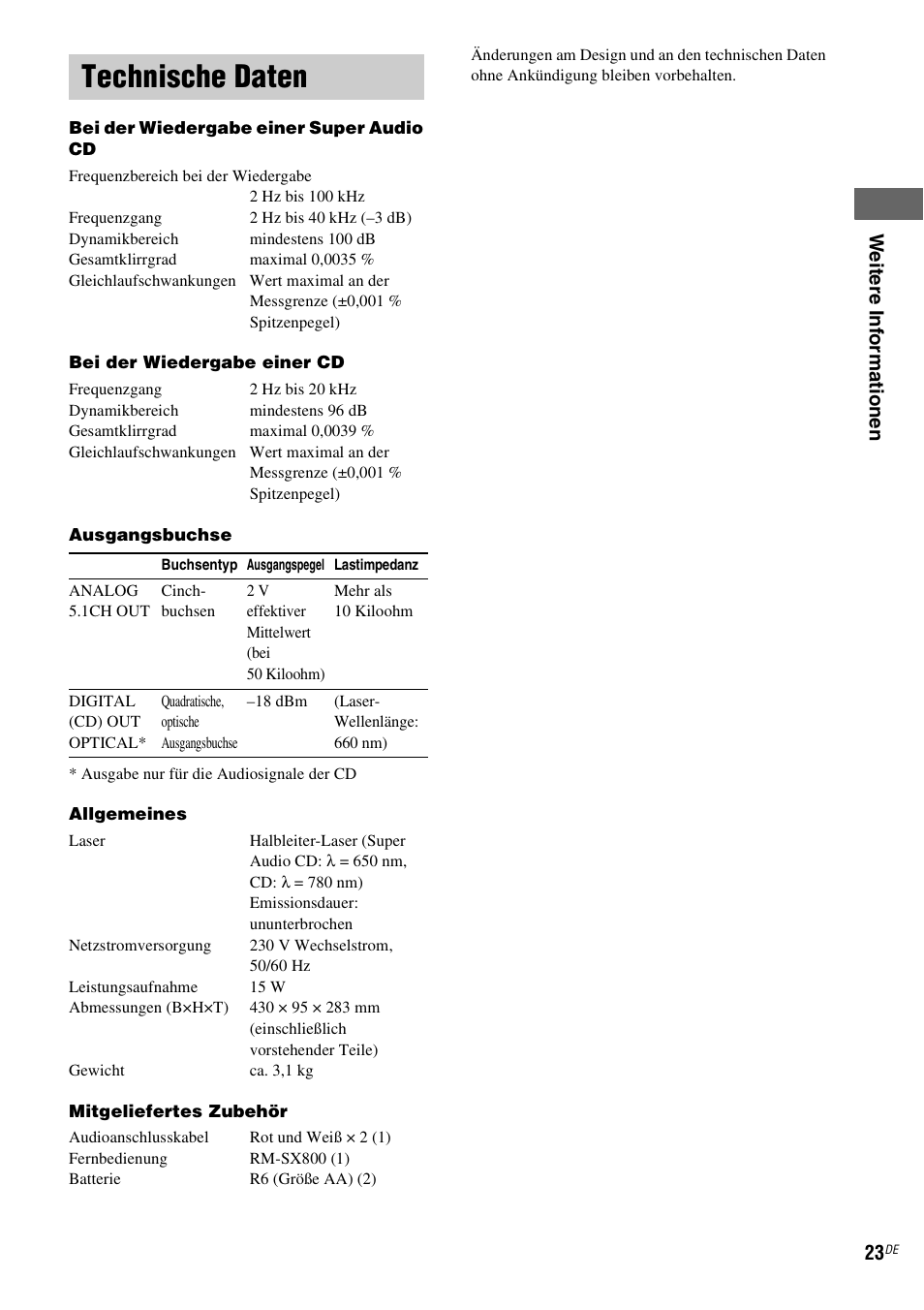 Technische daten | Sony SCD-XE597 User Manual | Page 71 / 96