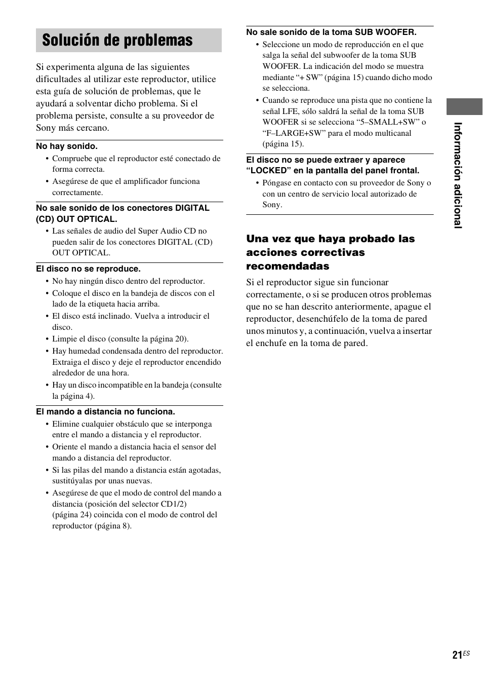 Solución de problemas | Sony SCD-XE597 User Manual | Page 93 / 96