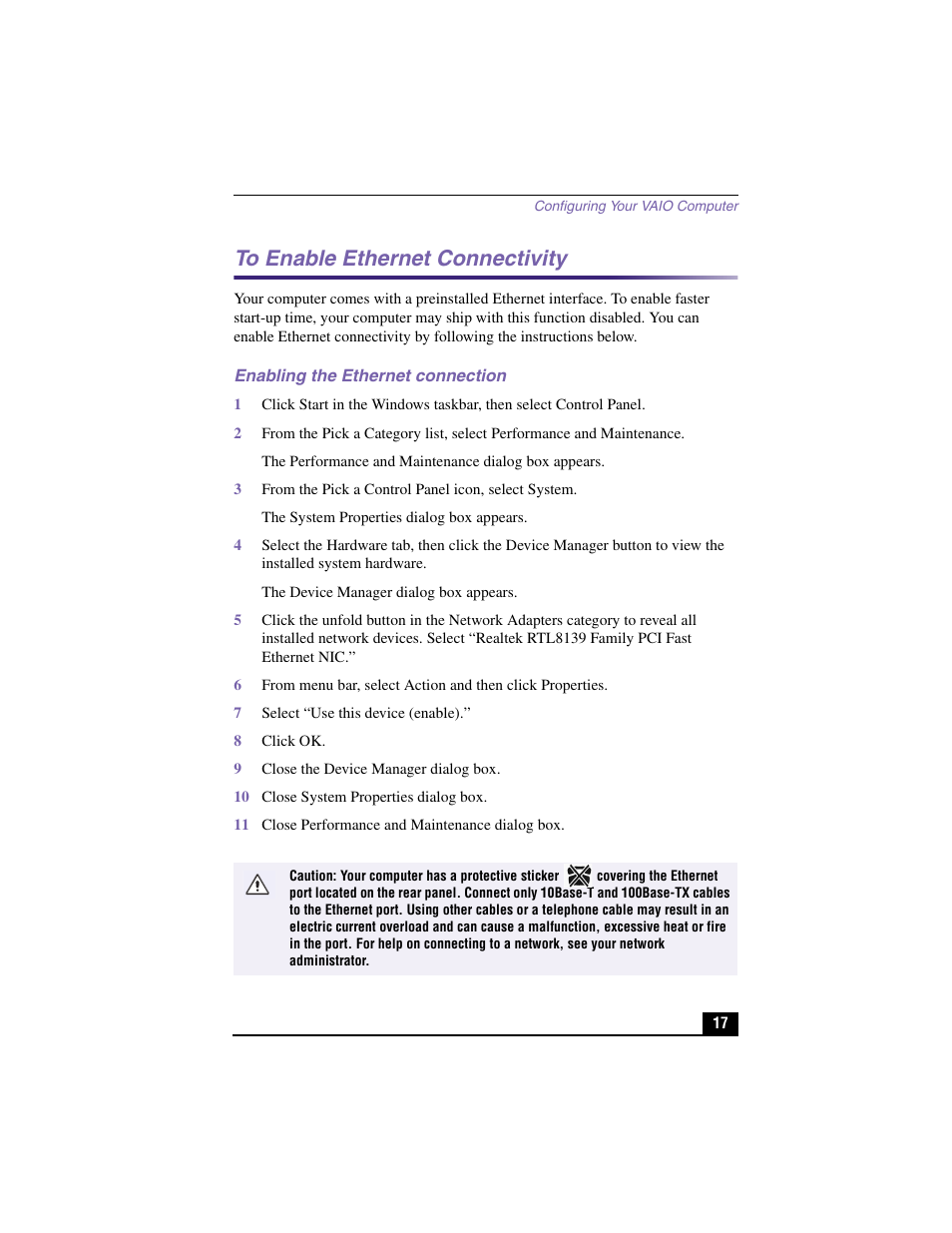 To enable ethernet connectivity, Enabling the ethernet connection | Sony PCV-RX570 User Manual | Page 15 / 28