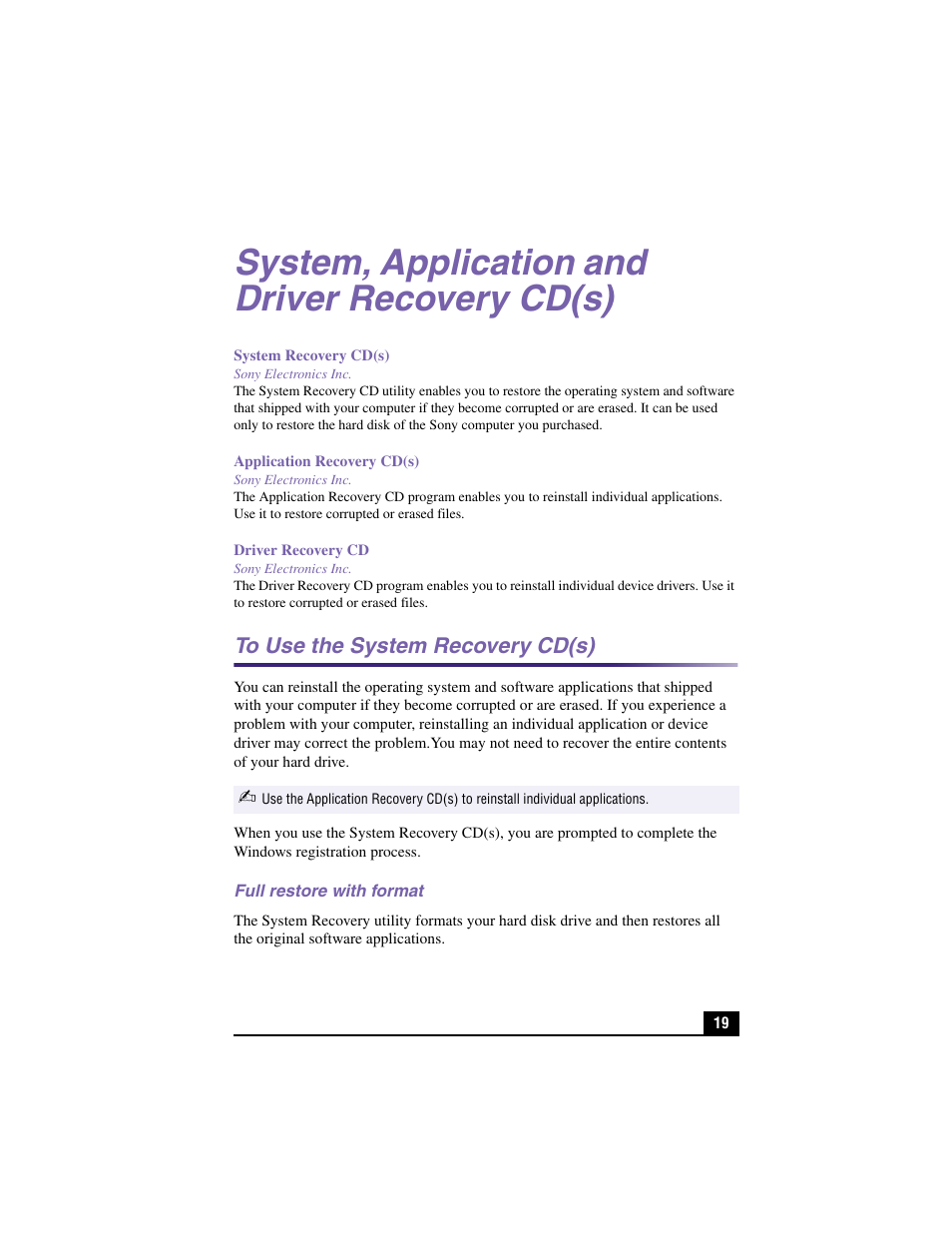 System, application and driver recovery cd(s), To use the system recovery cd(s), Full restore with format | Sony PCV-RX570 User Manual | Page 17 / 28