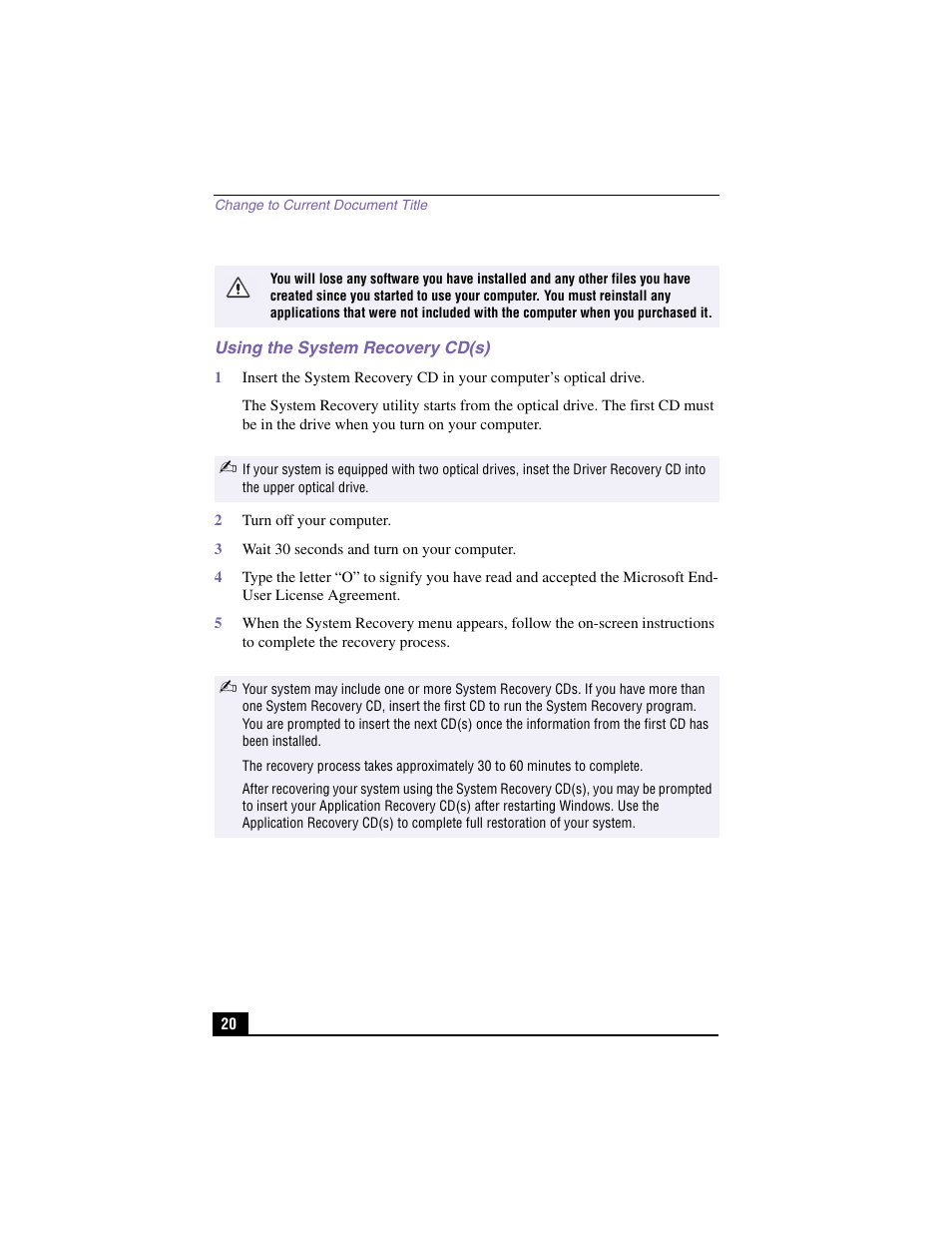 Using the system recovery cd(s) | Sony PCV-RX570 User Manual | Page 18 / 28