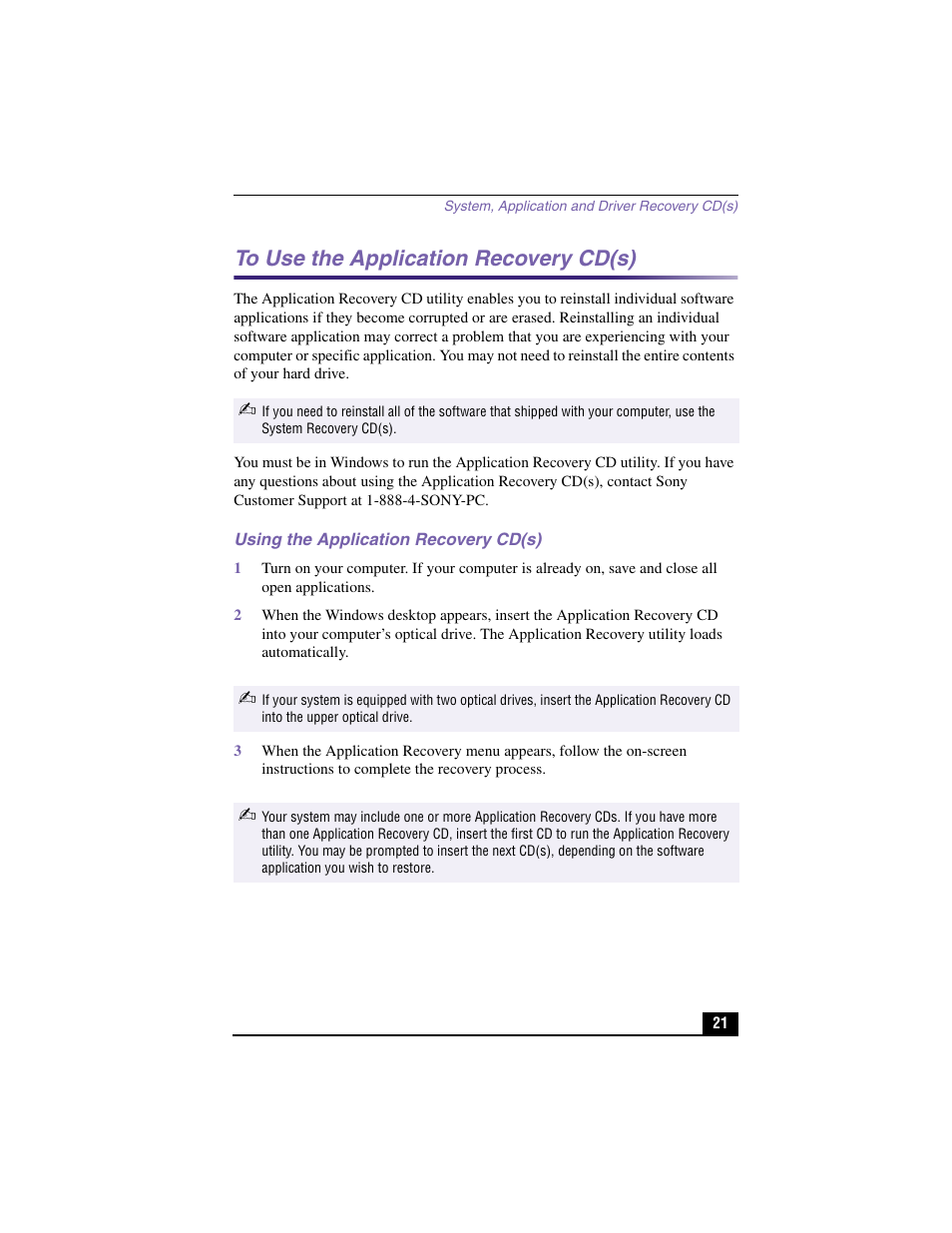 To use the application recovery cd(s), Using the application recovery cd(s) | Sony PCV-RX570 User Manual | Page 19 / 28
