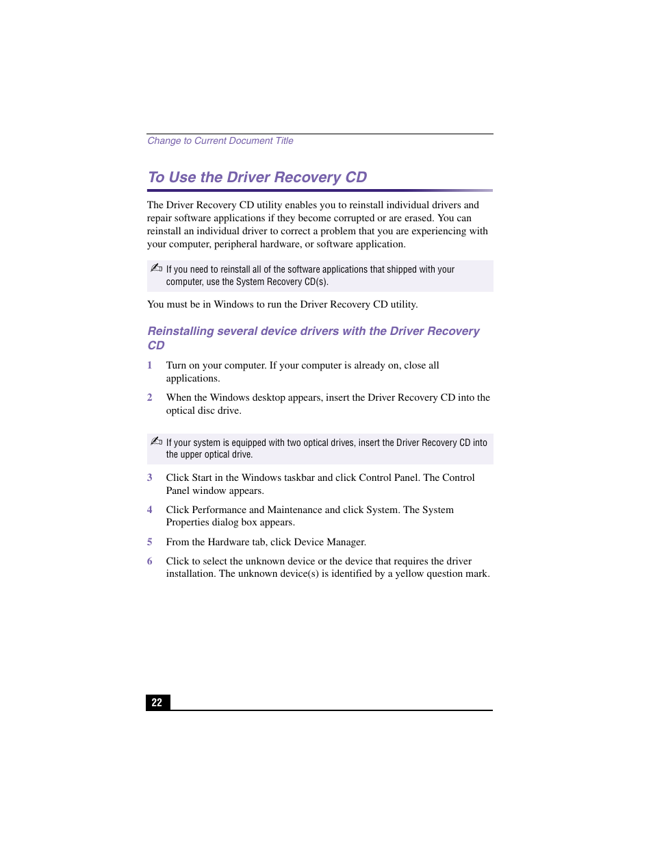 To use the driver recovery cd | Sony PCV-RX570 User Manual | Page 20 / 28