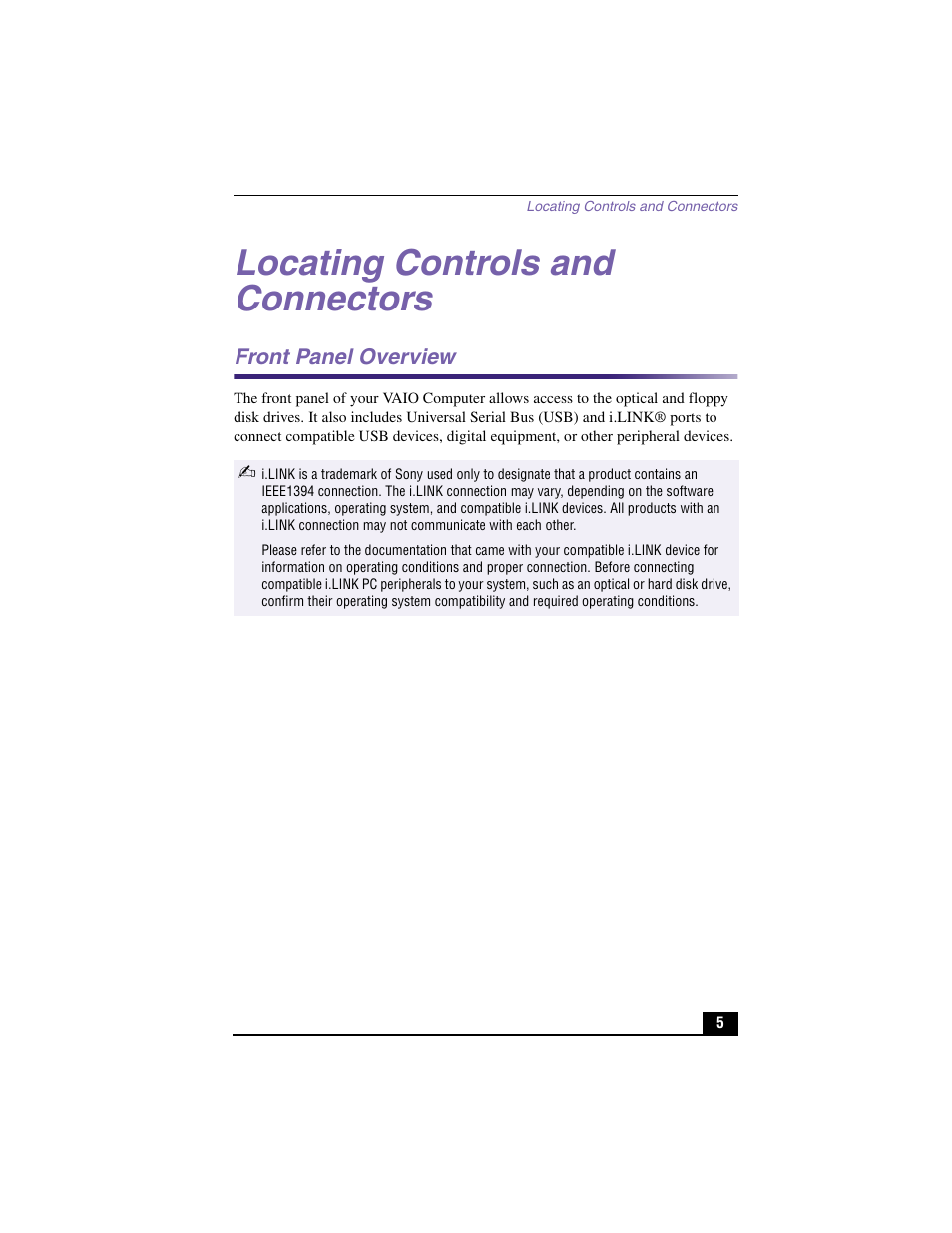 Locating controls and connectors, Front panel overview | Sony PCV-RX570 User Manual | Page 5 / 28