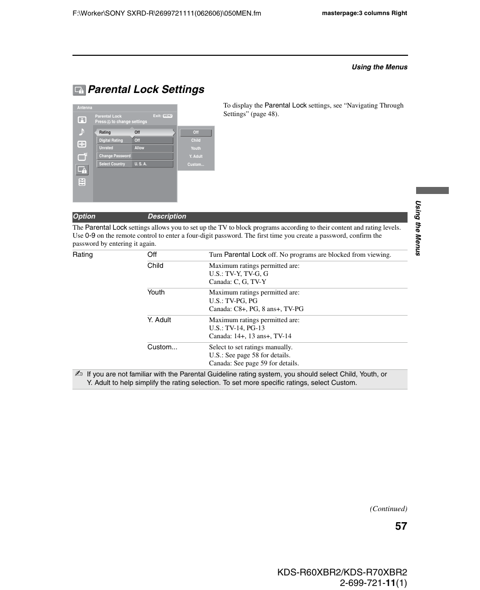 Parental lock settings | Sony GRAND WEGA KDS-R70XBR2 User Manual | Page 57 / 83