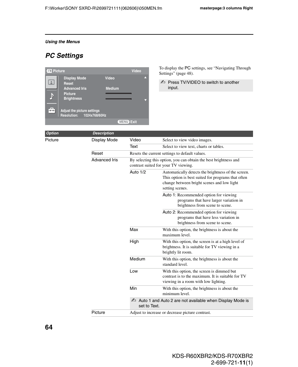 Pc settings | Sony GRAND WEGA KDS-R70XBR2 User Manual | Page 64 / 83