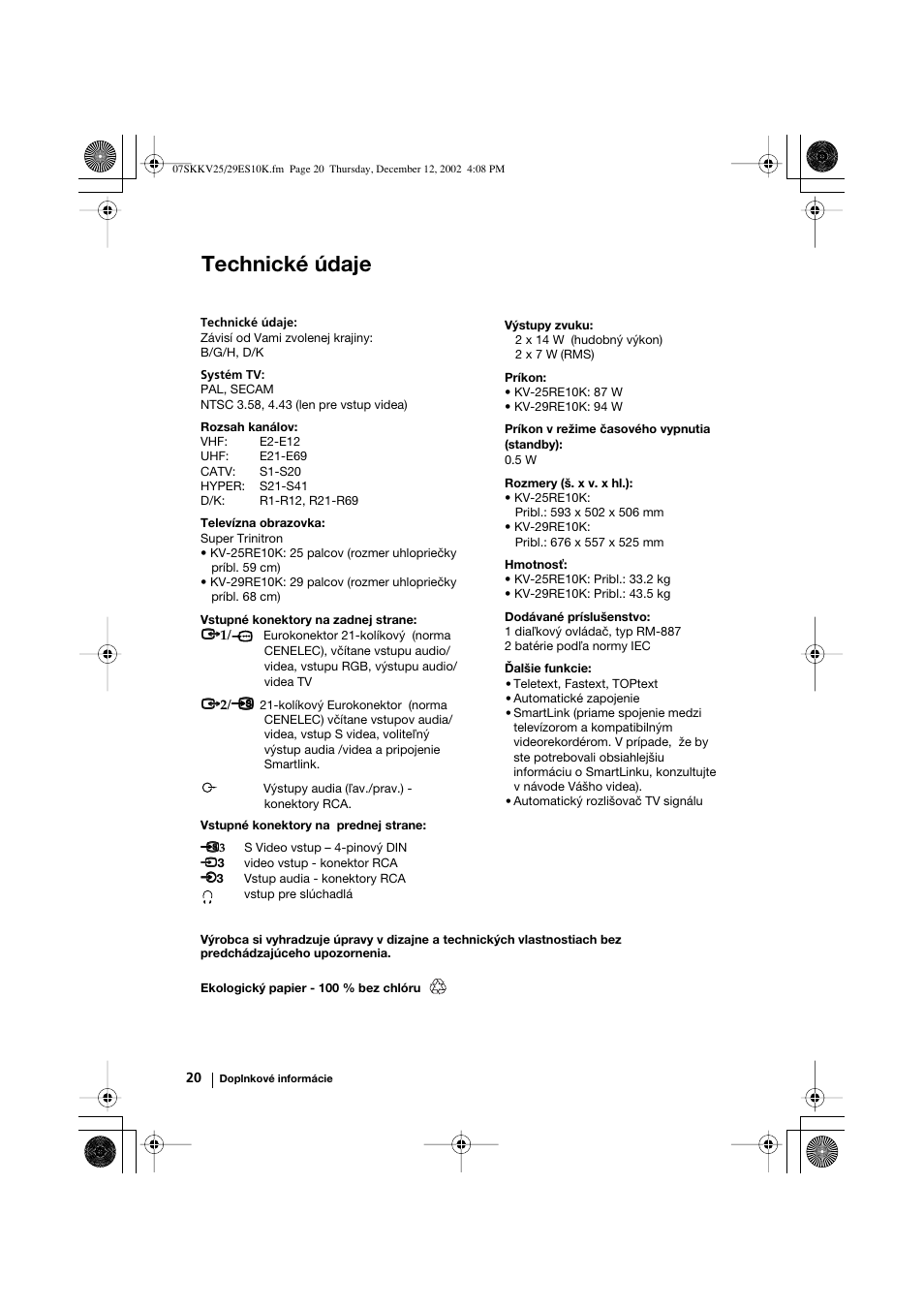Technické údaje | Sony KV-25RE10K User Manual | Page 140 / 142