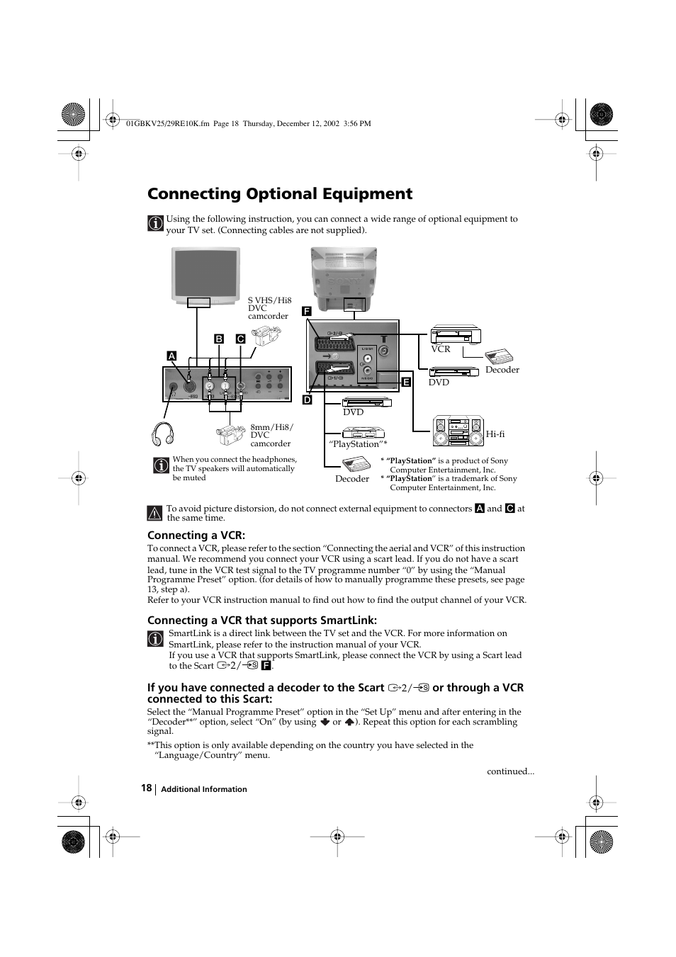 Connecting optional equipment, Connecting a vcr, Connecting a vcr that supports smartlink | If you have connected a decoder to the scart, Or through a vcr connected to this scart | Sony KV-25RE10K User Manual | Page 18 / 142