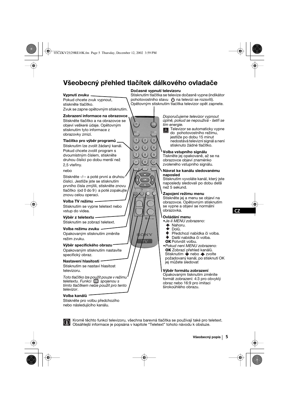 Všeobecný přehled tlačítek dálkového ovladače | Sony KV-25RE10K User Manual | Page 45 / 142