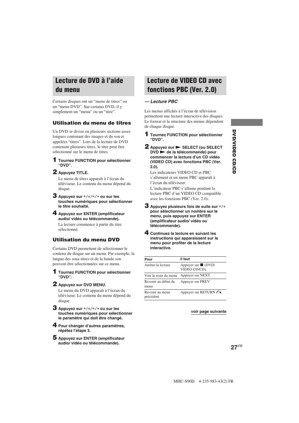 Lecture de dvd à l’aide du menu, Lecture de video cd avec fonctions pbc (ver. 2.0) | Sony MHC-S90D User Manual | Page 103 / 228